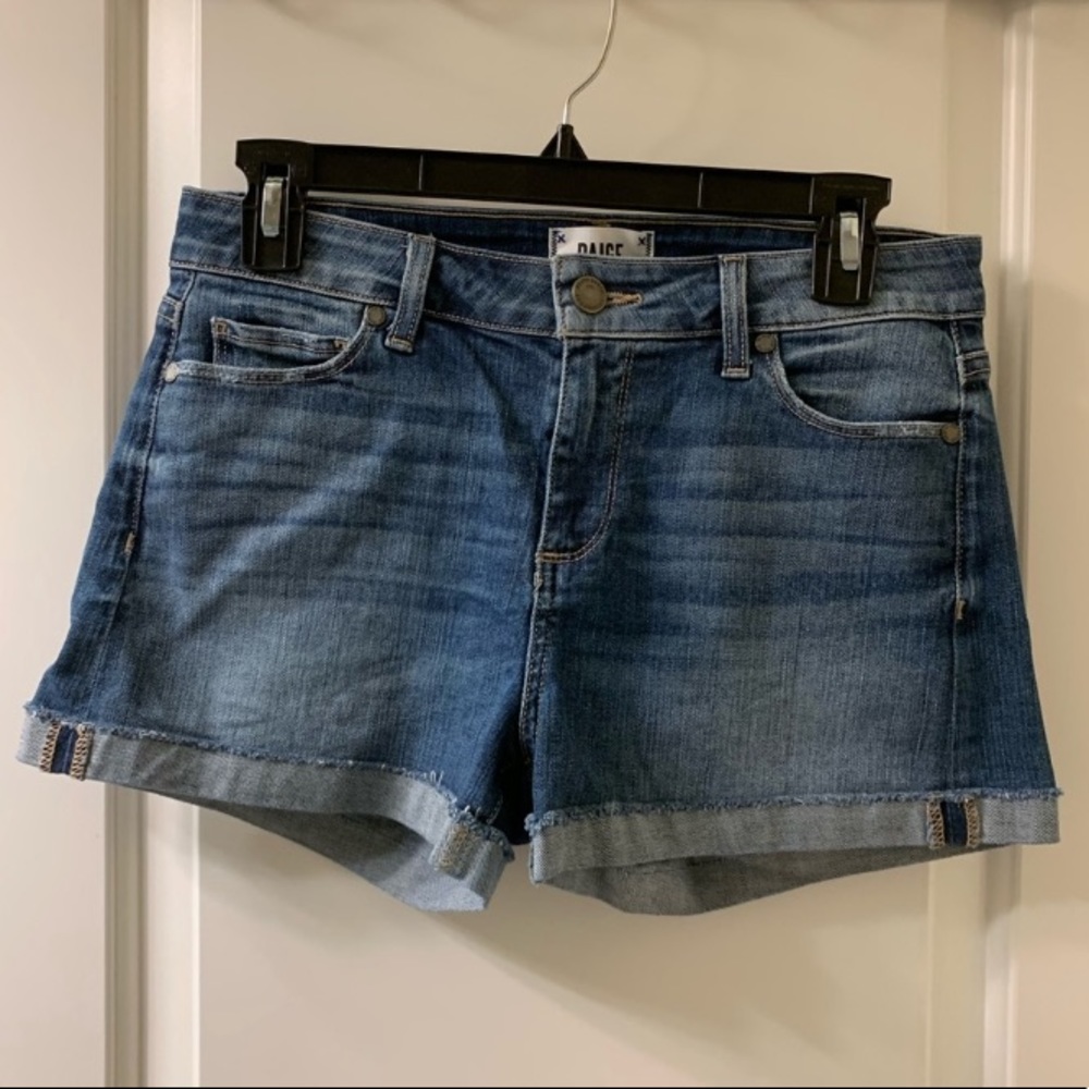 Paige Jimmy Jimmy Medium Wash Ezra Distressed Rolled Cuff Jean Denim Short - Picture 1 of 14